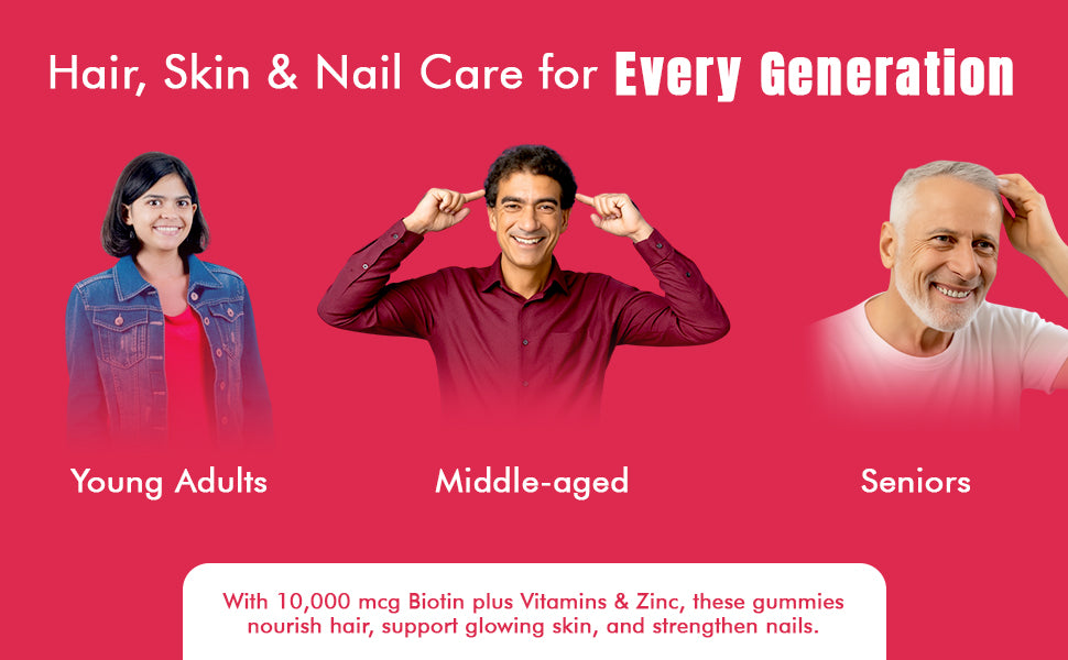 Advertisement for hair, skin, and nail care gummies targeting young adults, middle-aged, and seniors on a pink background.