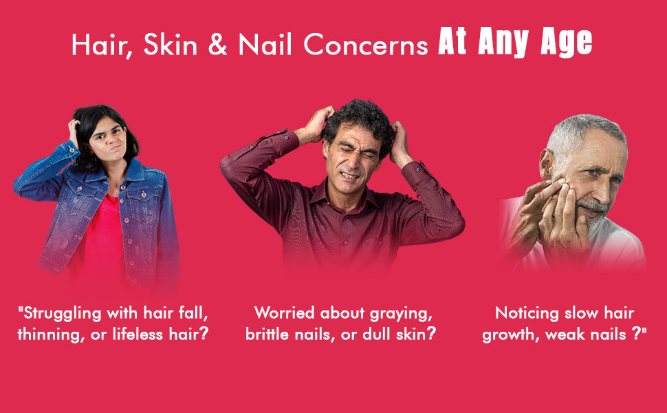 Three people with hair, skin, and nail concerns on a red background