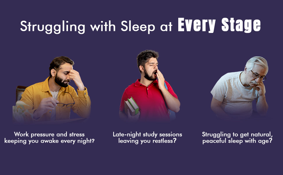 Three men experiencing sleep issues with text on a dark blue background