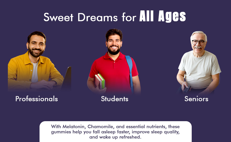 Three people labeled 'Professionals', 'Students', and 'Seniors' with a promotional message about sleep gummies on a dark blue background.