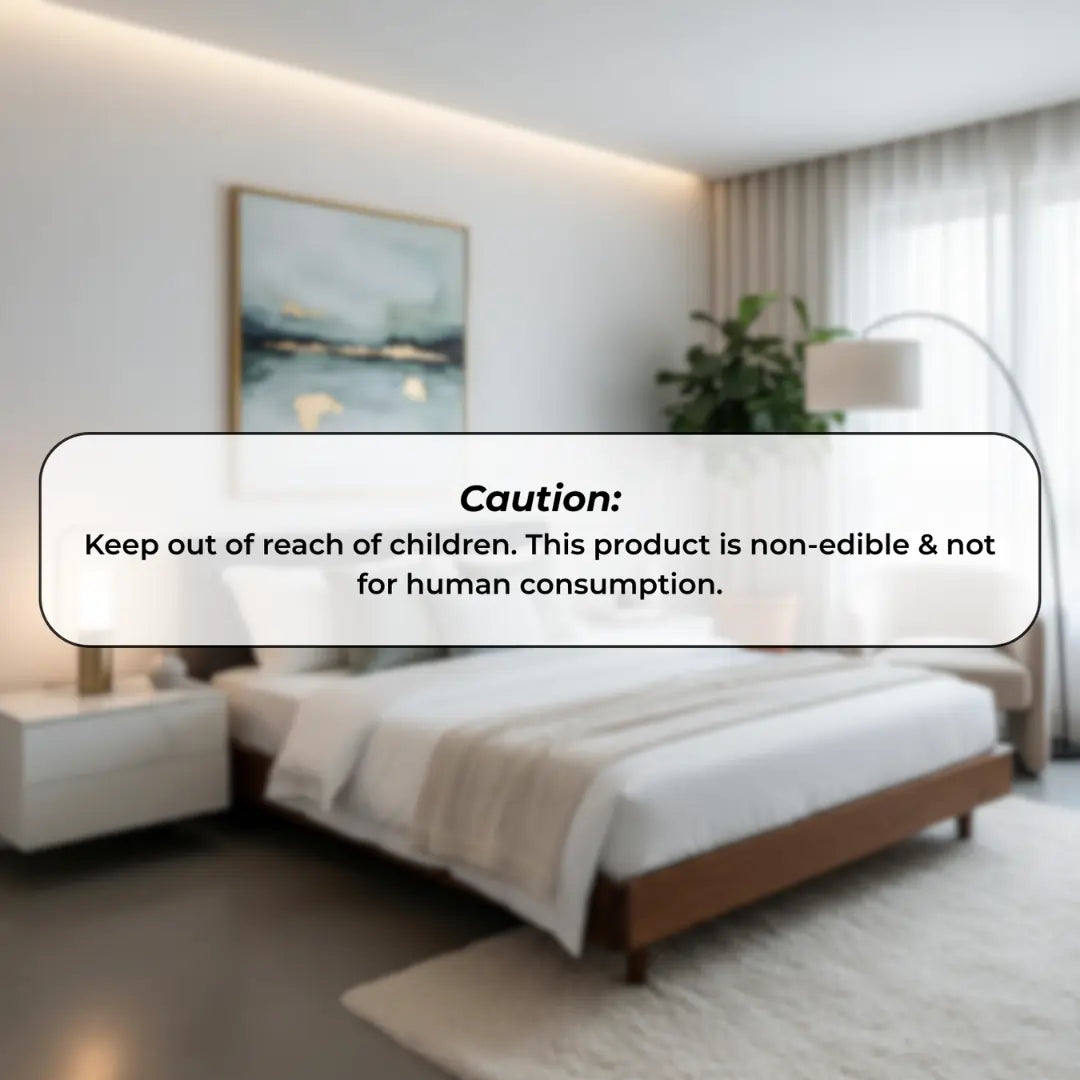 Modern bedroom with a bed and decor, featuring a caution text overlay.