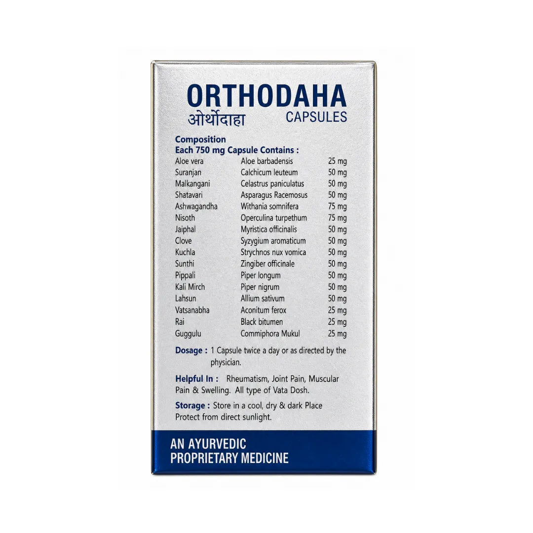 Box of Orthodaha capsules with ingredient list and packaging details on a white background