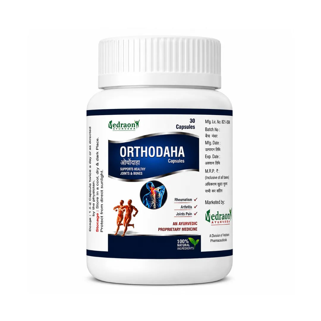 Bottle of Orthodaha capsules by Vedraon on a white background