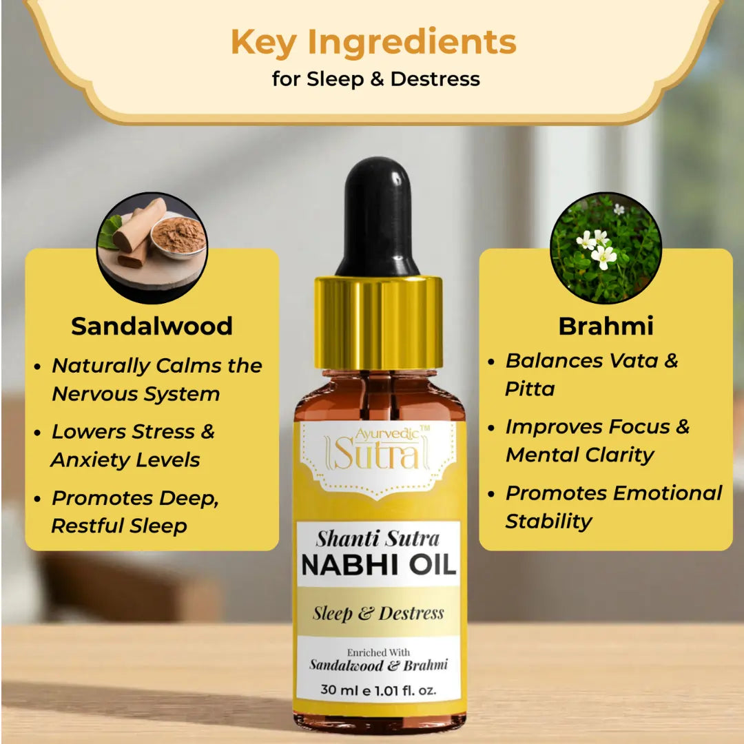 Shanti Sutra Nabhi Oil bottle with key ingredients for sleep and distress on a blurred background