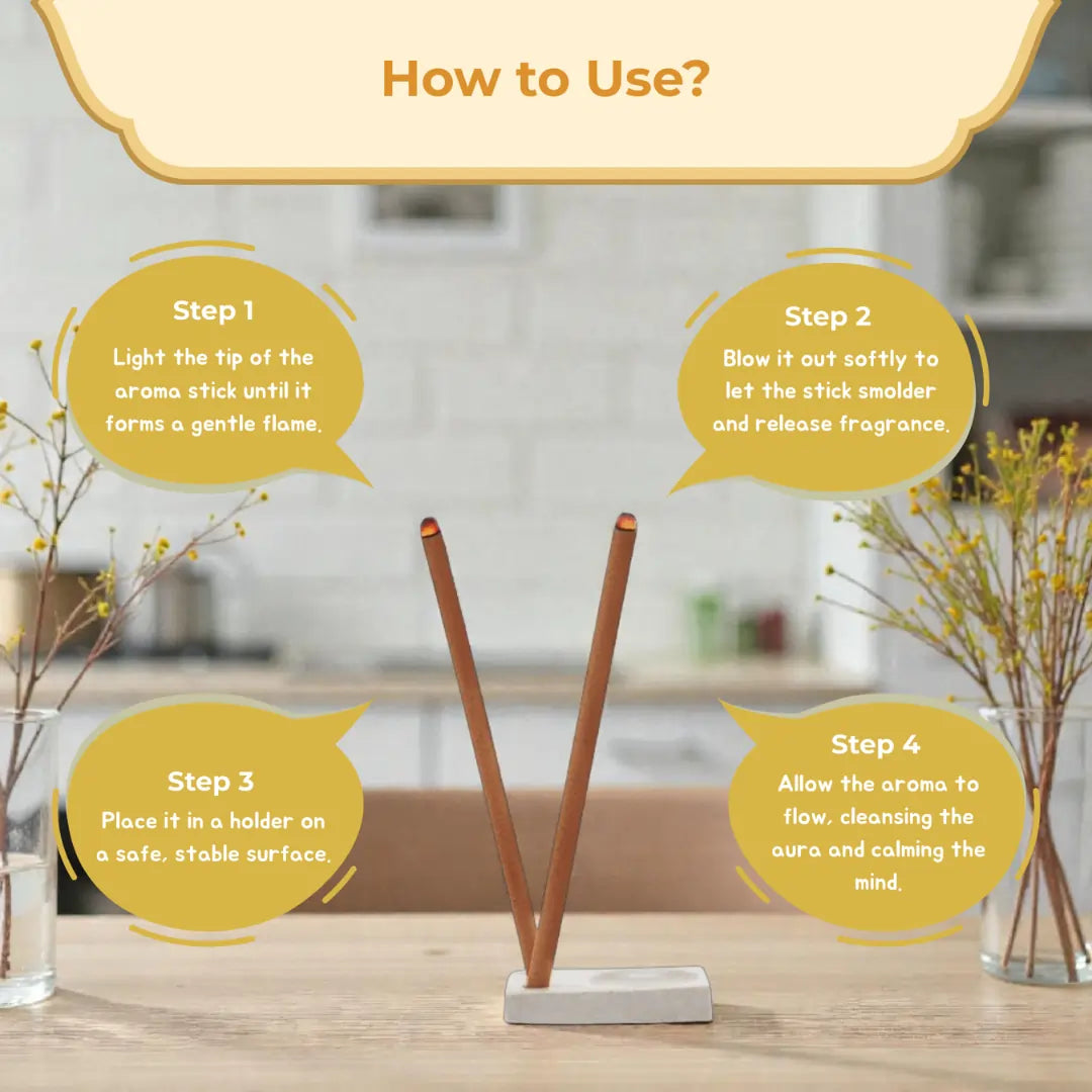 Aroma stick holder with usage instructions on a blurred kitchen background