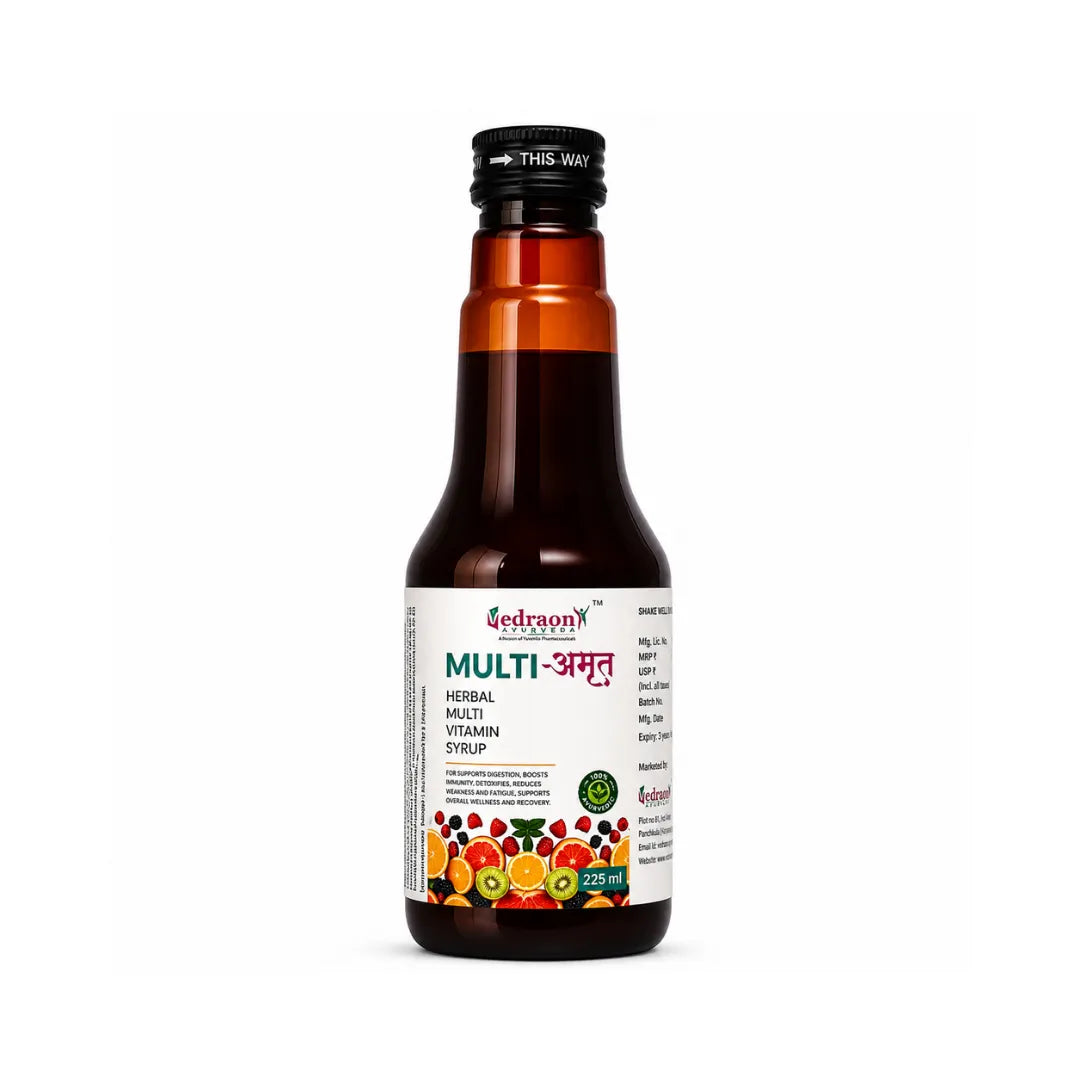 Bottle of Multi herbal vitamin syrup on a white background