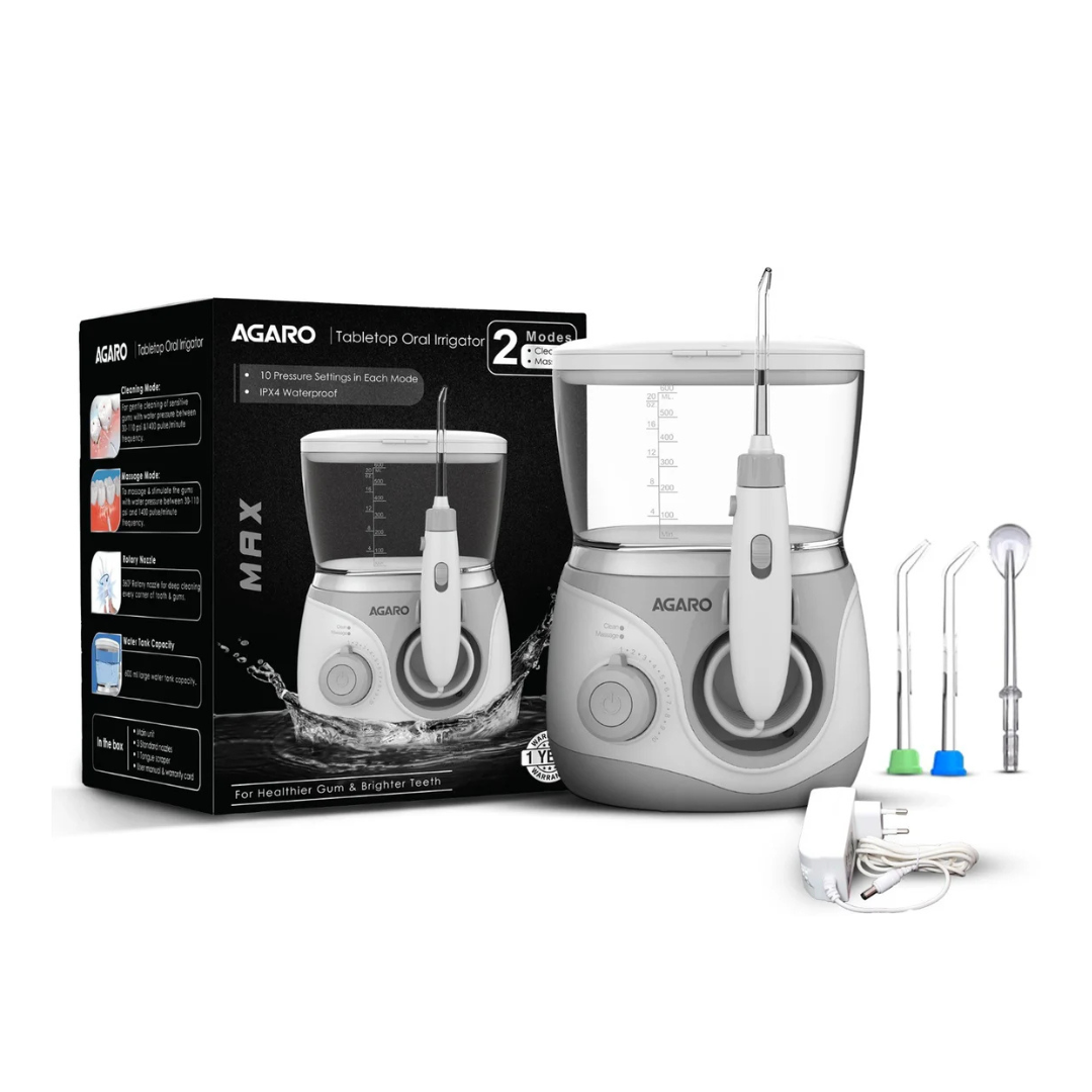 Agaro dental water flosser with packaging on a white background