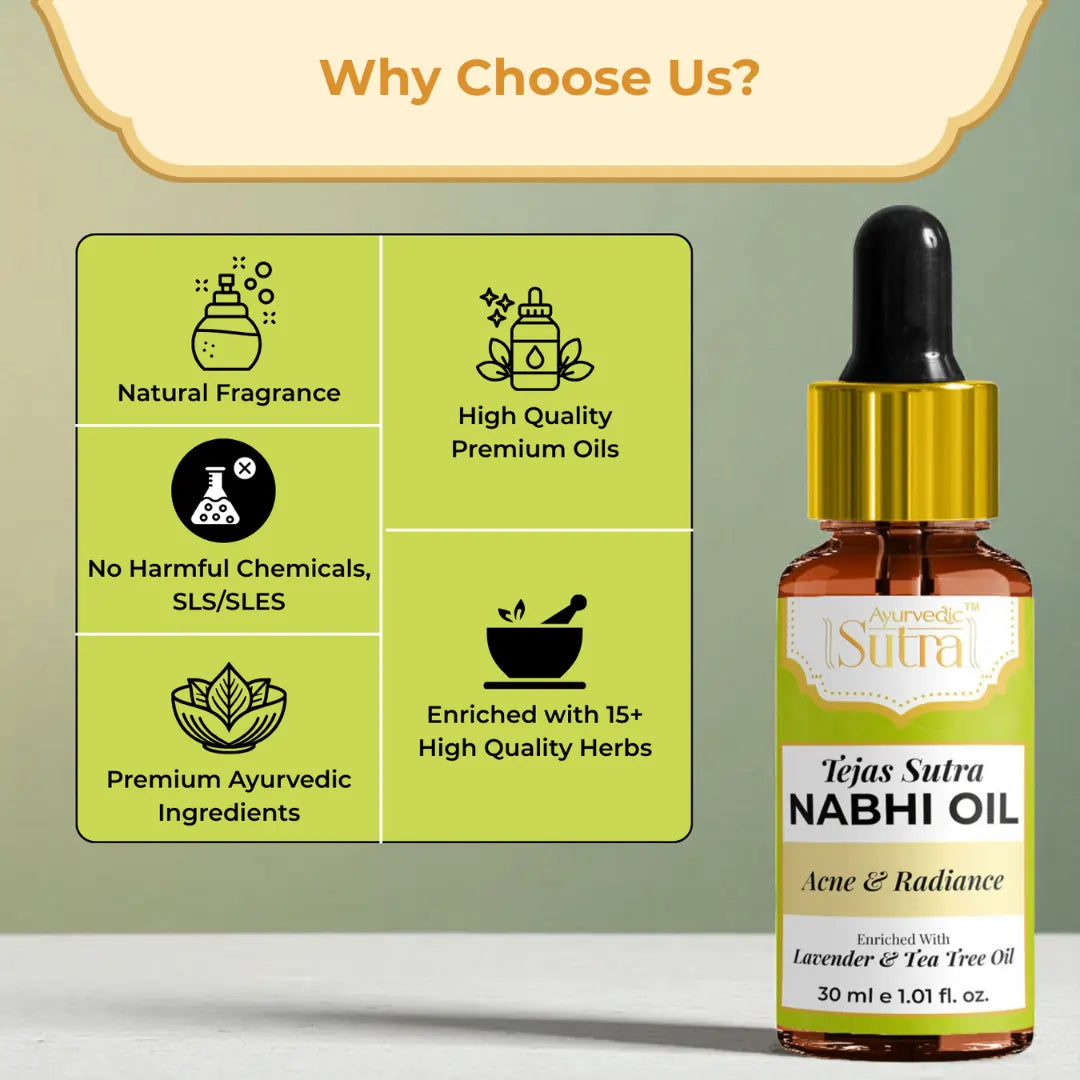 Nabhi oil bottle with green label and dropper on a light
