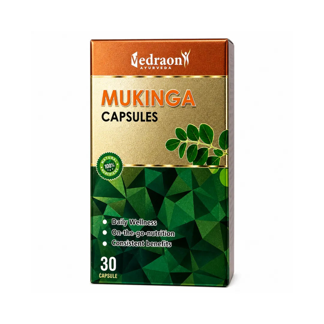 Box of Vedraon Mukinga capsules with green and gold design on a white background