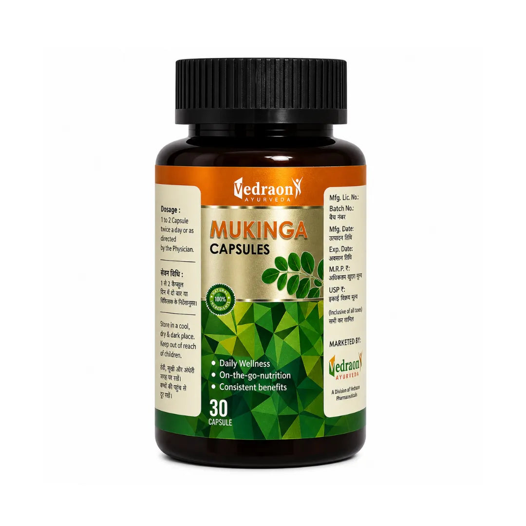 Bottle of Mukinga capsules with a green and black label on a white background