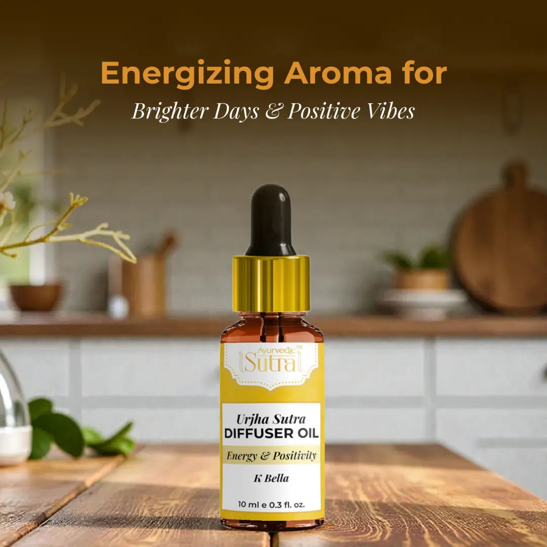 Urijha Sutra diffuser oil bottle on a wooden surface with a blurred kitchen background