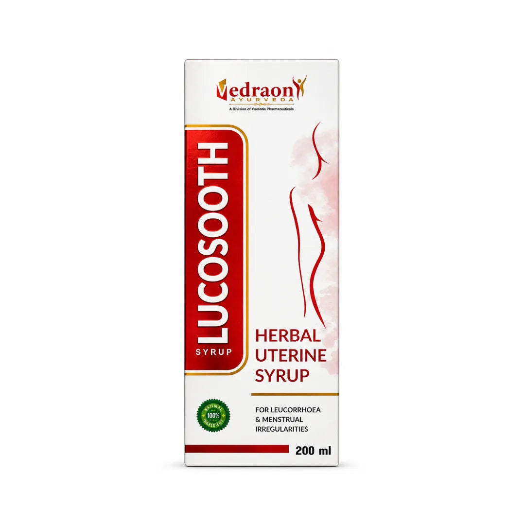 Vedraon Lucosooth Herbal Uterine Syrup packaging on a white background