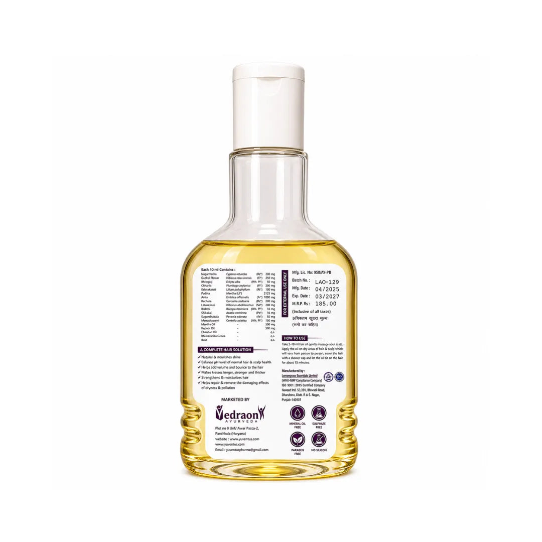 Bottle of oil with a label on a white background