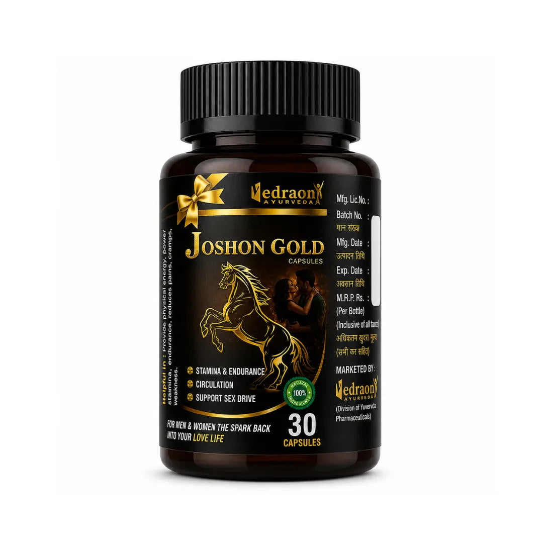 Bottle of Vedraon Ayurveda Joshon Gold capsules on a white background