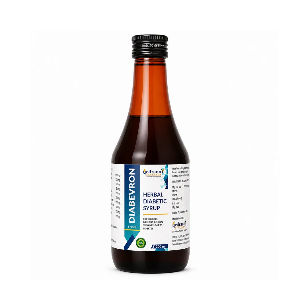 Bottle of Diabevron Herbal Diabetic Syrup on a white background