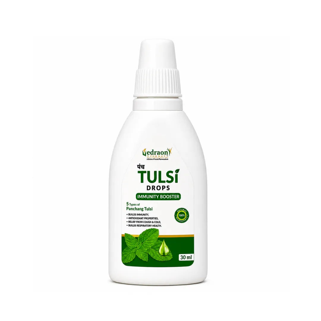 Bottle of Tulsi Drops immune booster on a white background