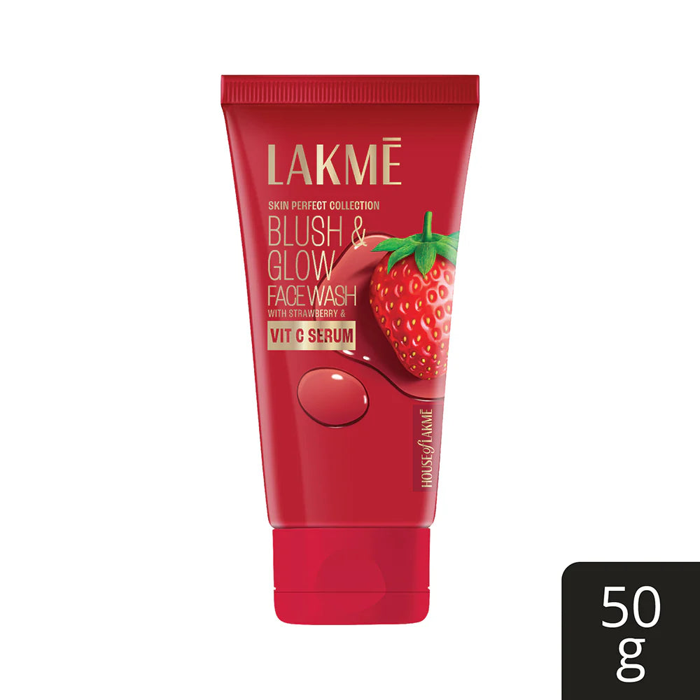Red tube of Lakme Blush & Glow Face Wash with strawberry illustration on a white background