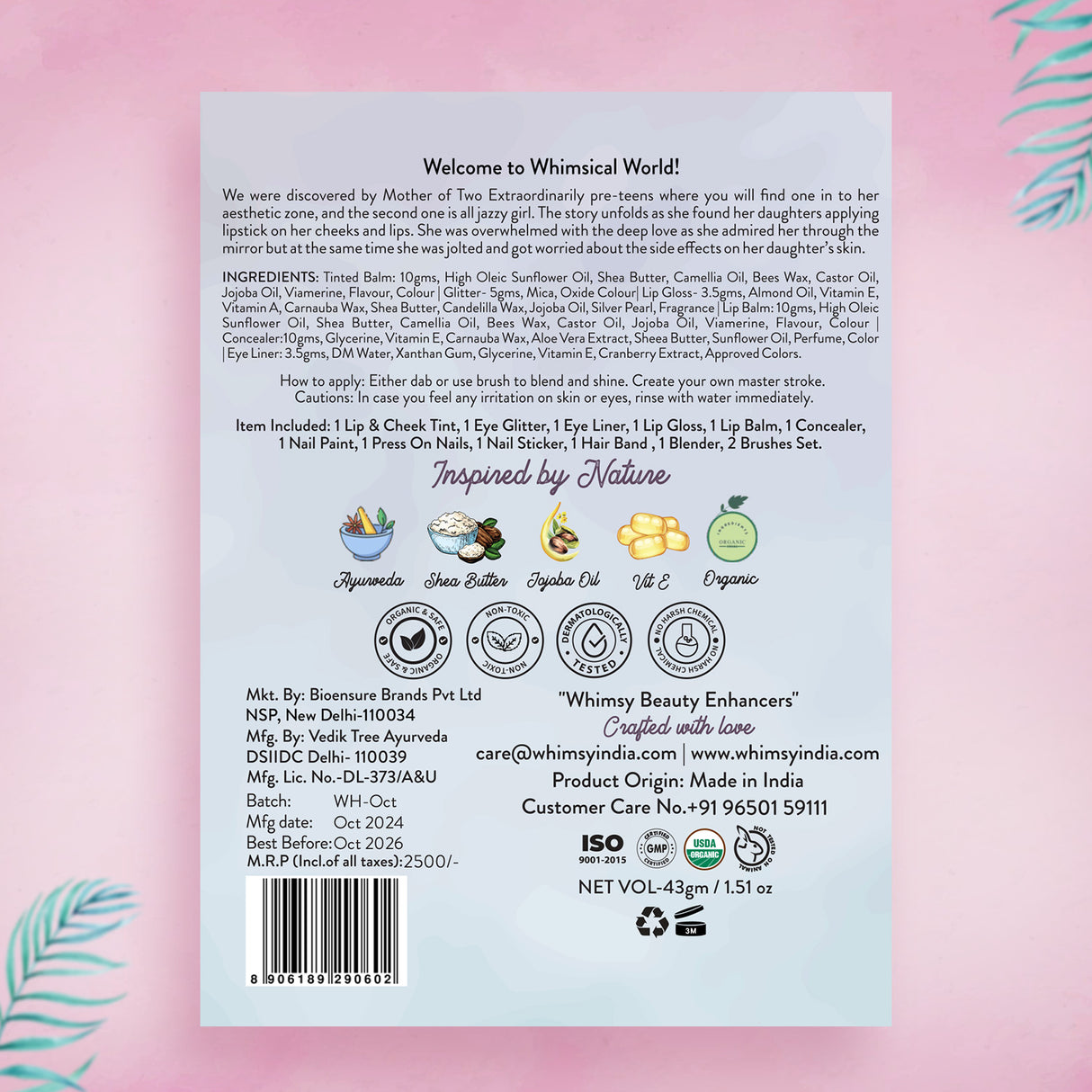 Product label with text and icons on a pink background