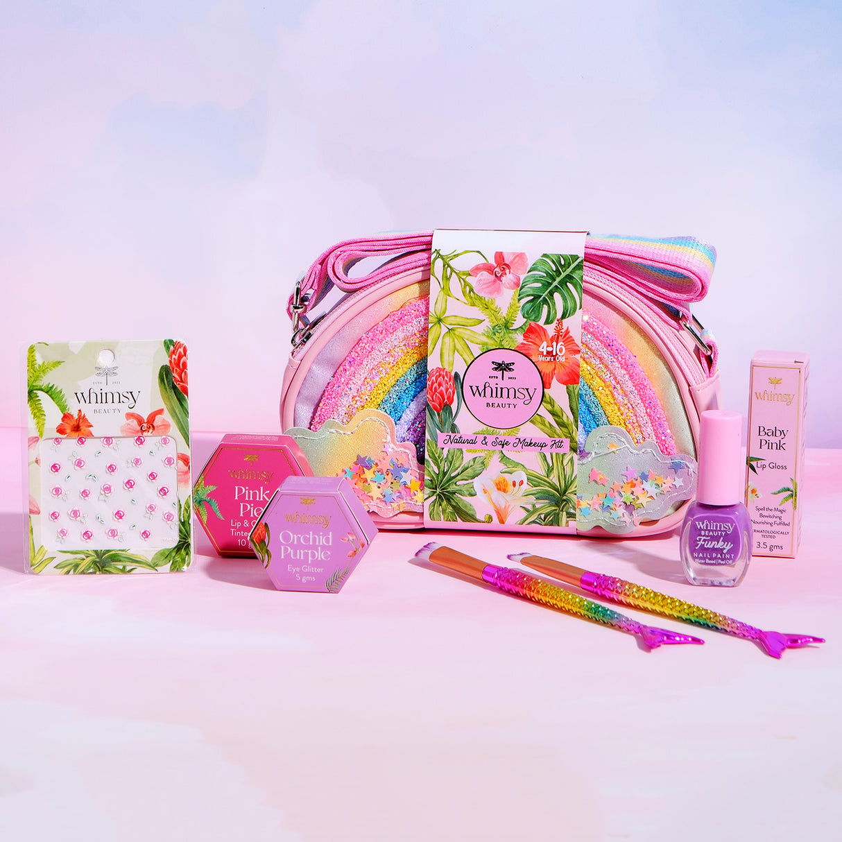 Colorful makeup bag with Whimsy Beauty products on a gradient background