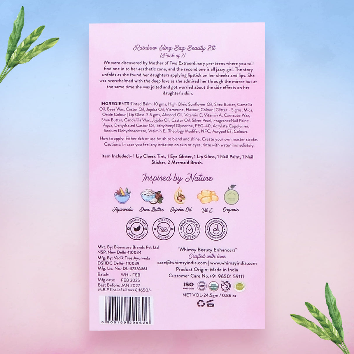 Back of a Rainbow Sling Bag Beauty Kit packaging with text and icons on a pink and blue gradient background.