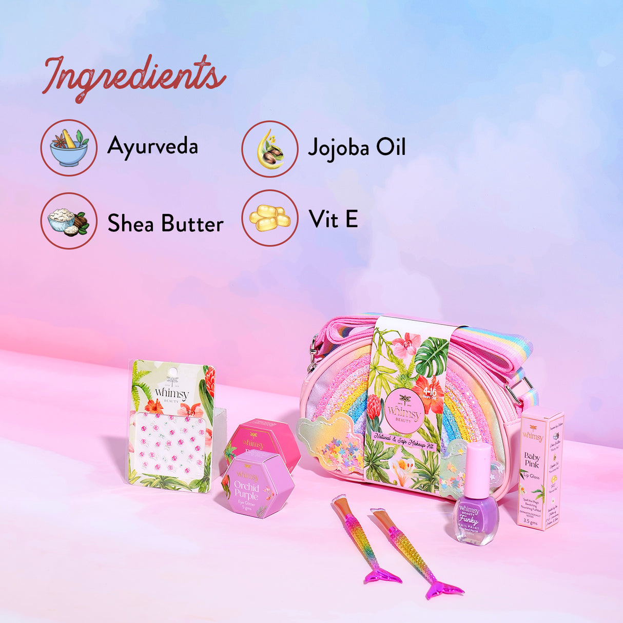 Cosmetic set with ingredients listed on a gradient background