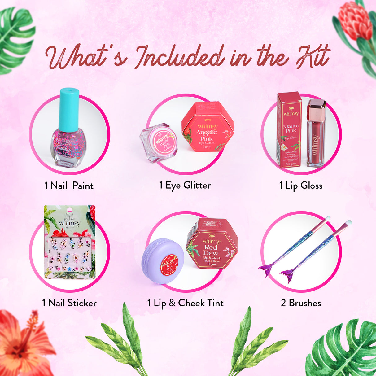 Product kit with nail paint, eye glitter, lip gloss, nail sticker, lip & cheek tint, and brushes on a pink background with floral elements.