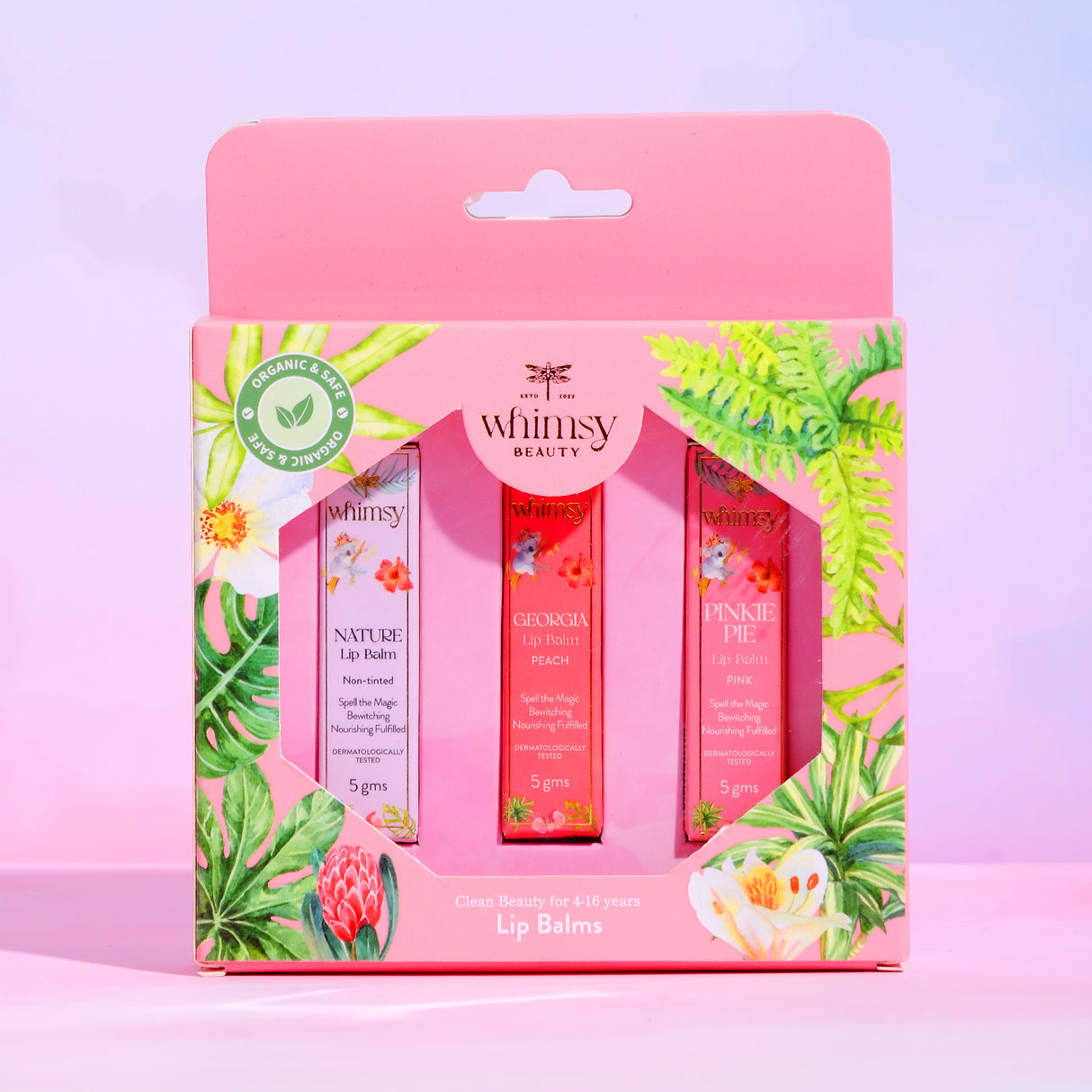 Whimsy Beauty lip balm set packaging with pink background