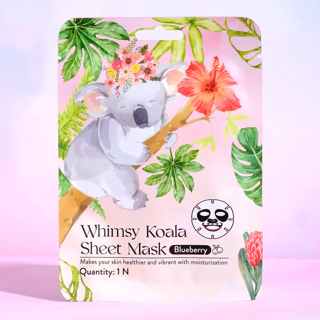 Whimsy Koala sheet mask packaging with a koala on a branch, flowers, and leaves on a pink background.
