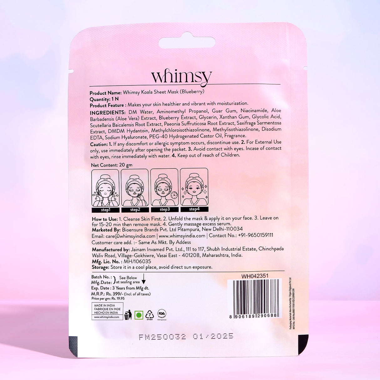 Back of a pink sheet mask packaging with 'whimsy' branding and product details.