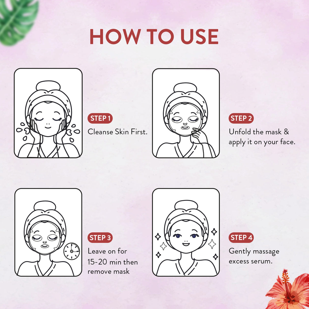 Step-by-step guide on how to use a facial mask with illustrations and text.