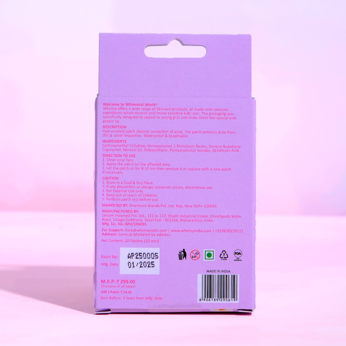 Back view of a purple product packaging with text and barcodes on a pink gradient background