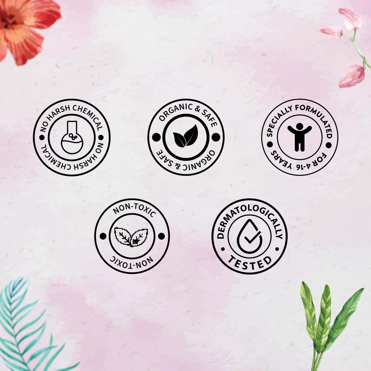 Set of certification logos on a soft pink background with floral and leaf elements.