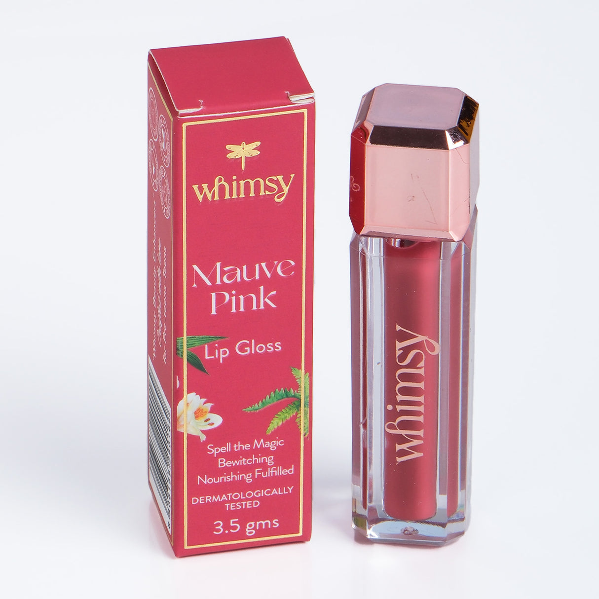 Lip gloss with packaging labeled 'whimsy' on a white background