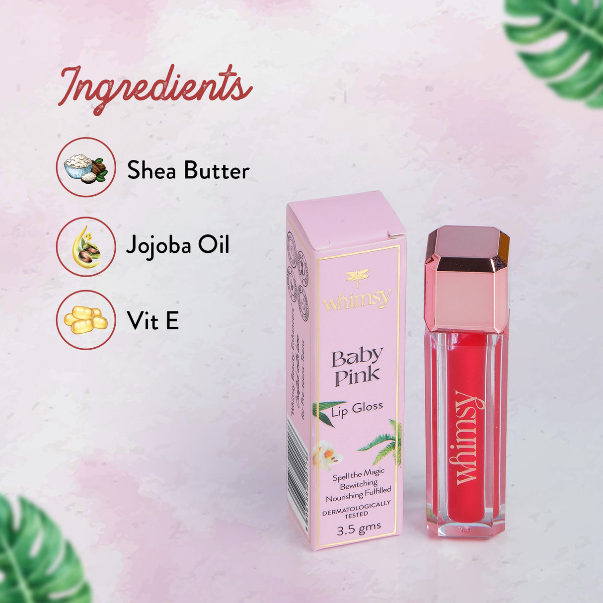Lip gloss with packaging and ingredients listed on a light pink background