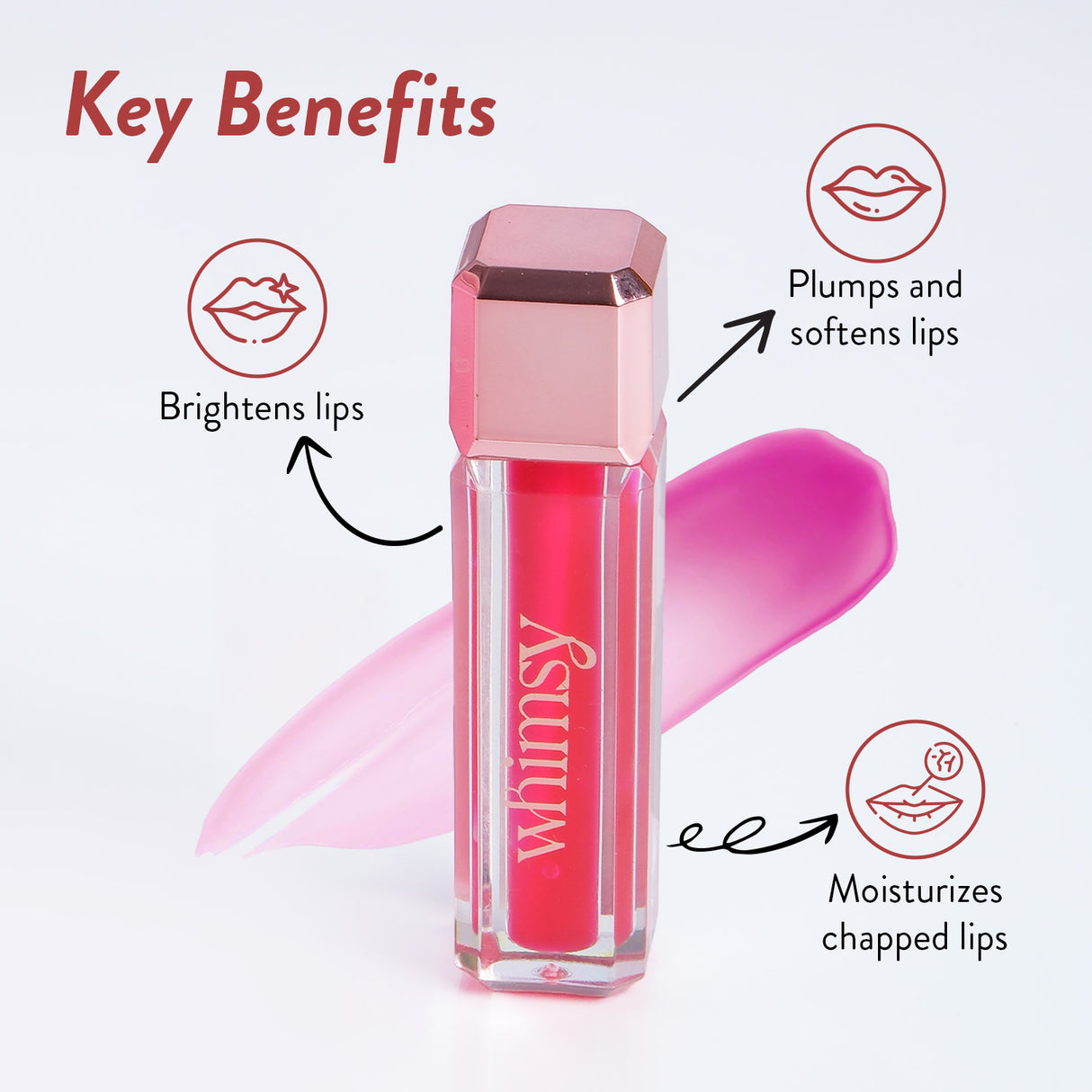 Lip gloss with key benefits on a light pink background