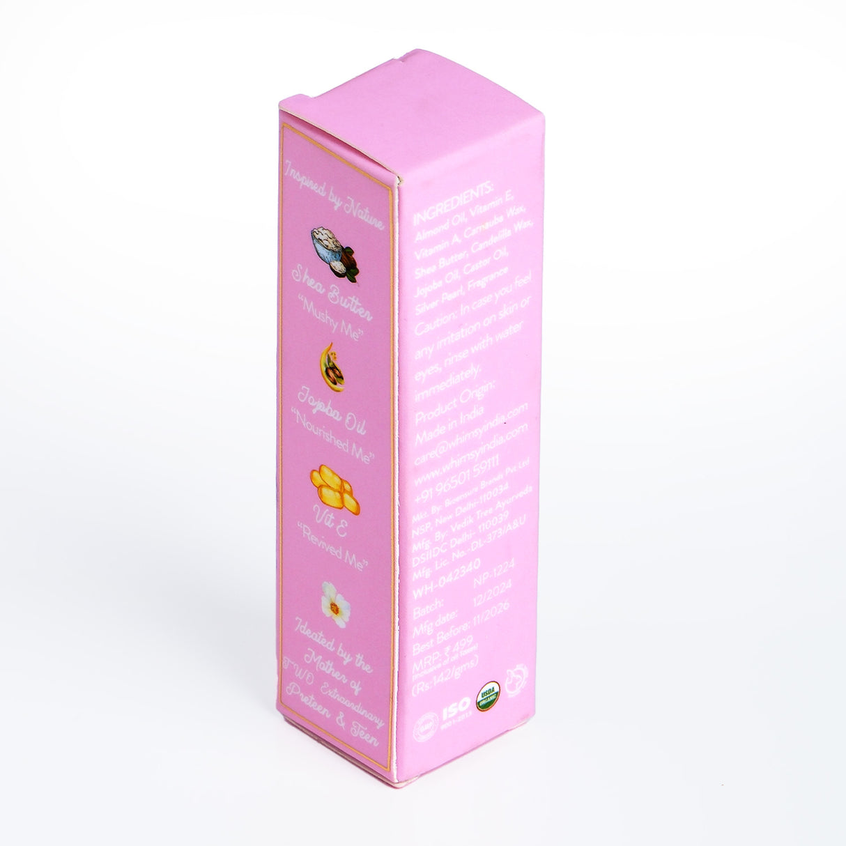 Pink lip balm packaging with branding on a white background