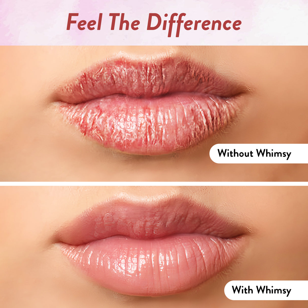 Comparison of lips labeled 'Without Whimsy' and 'With Whimsy' on a blurred background.