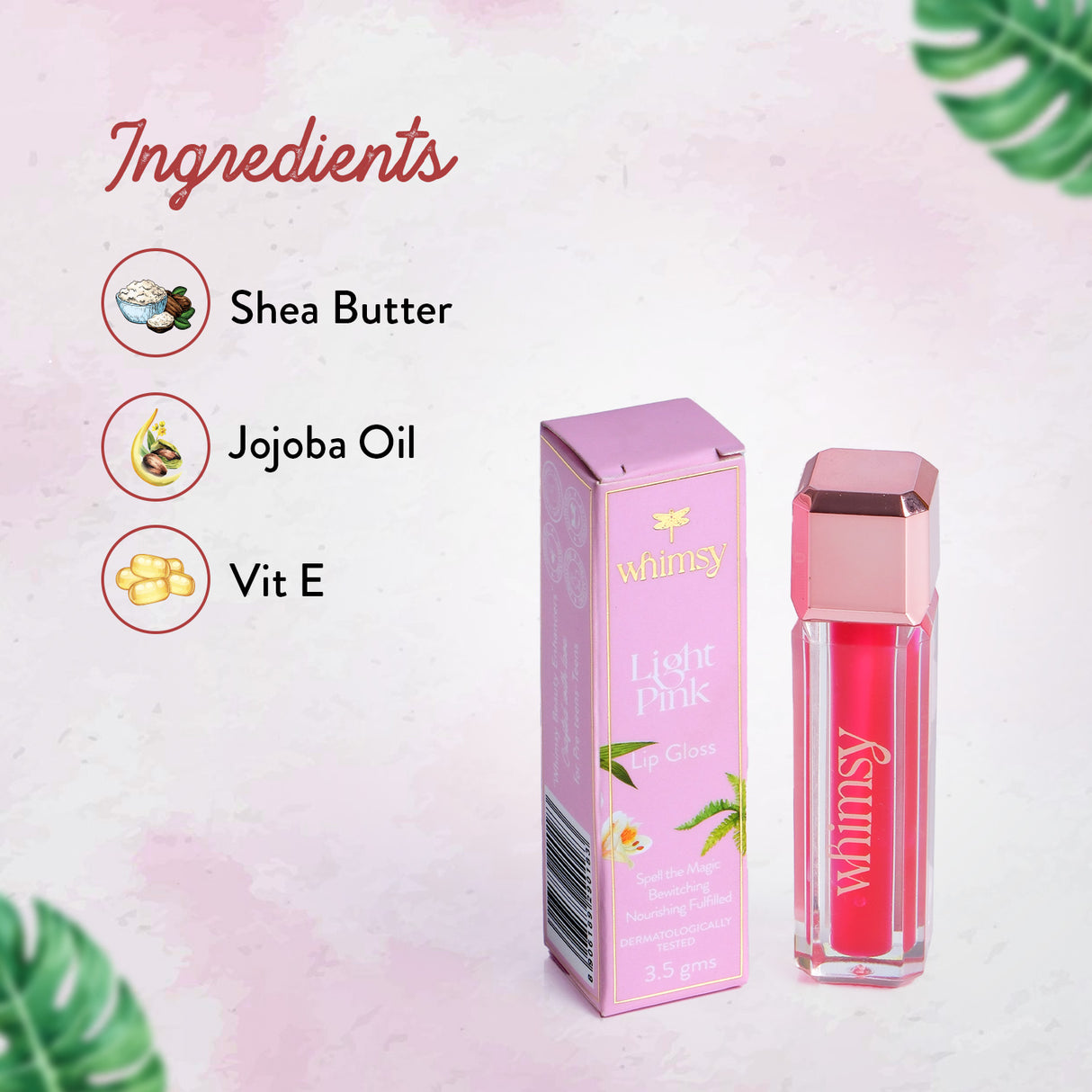 Pink lip gloss with packaging and ingredients listed on a light pink background