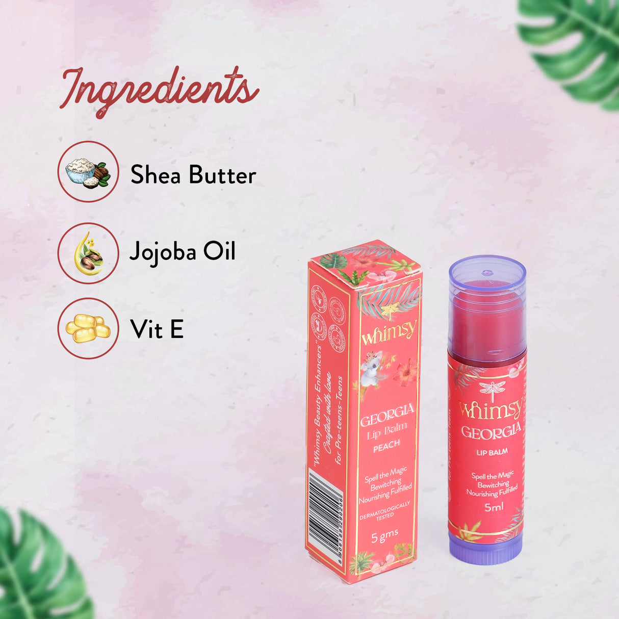 Lip balm with packaging and ingredients listed on a pink background