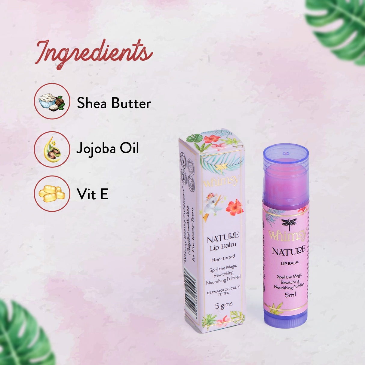 Lip balm with packaging and ingredients listed on a pink background