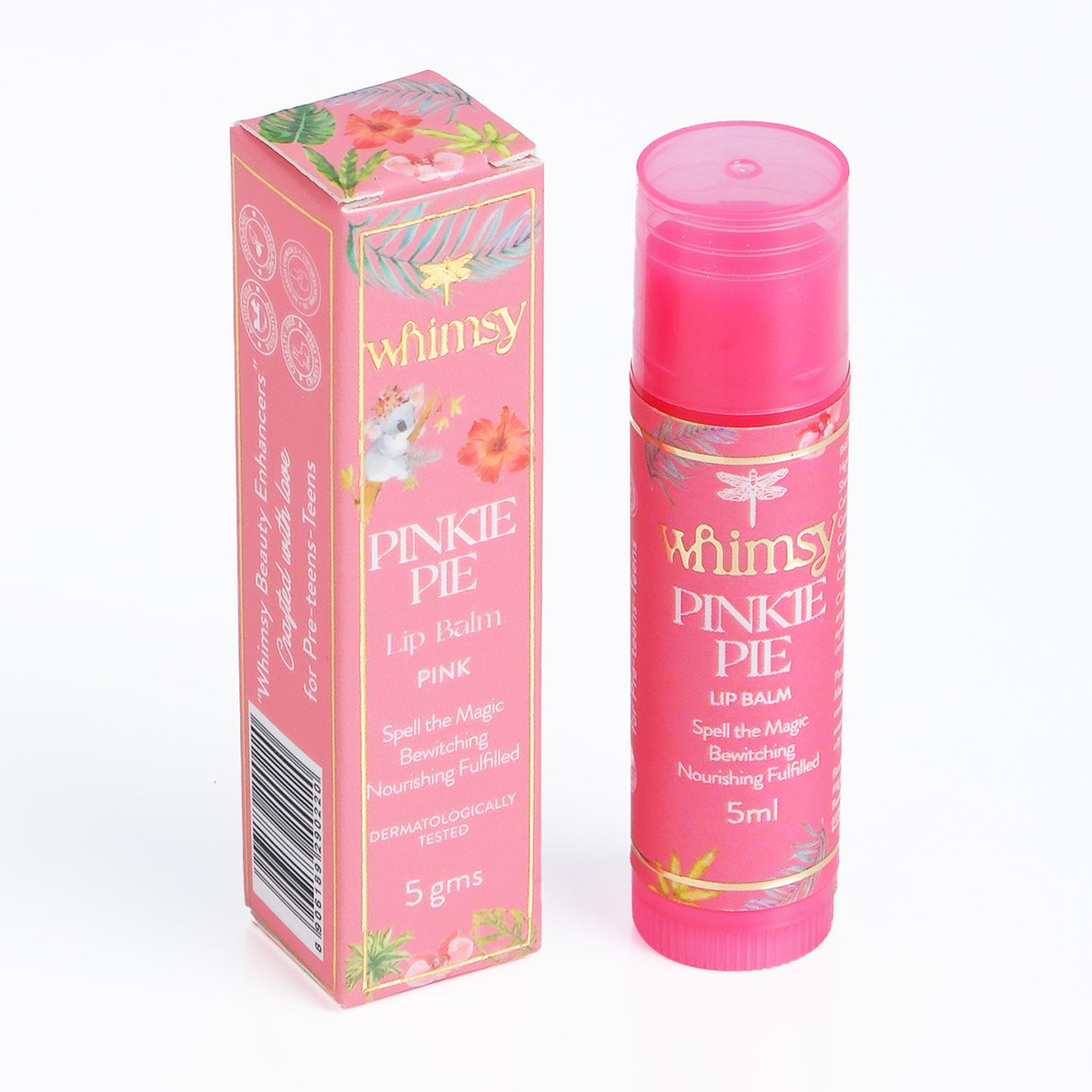 Pink lip balm with packaging labeled 'whimsy Pinkie Pie' on a white background