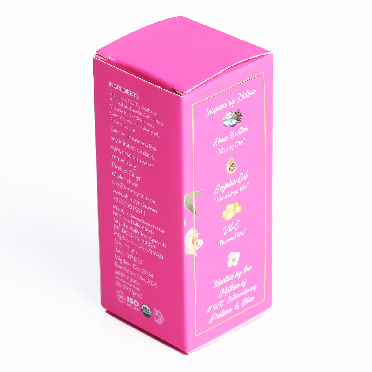 Pink box with text and floral designs on a white background