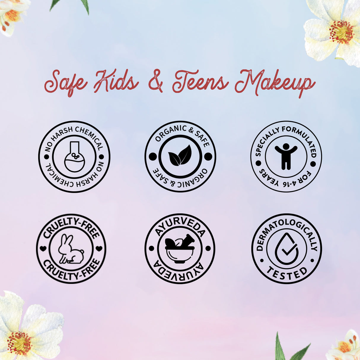 Logos for safe kids and teens makeup with floral elements on a gradient background