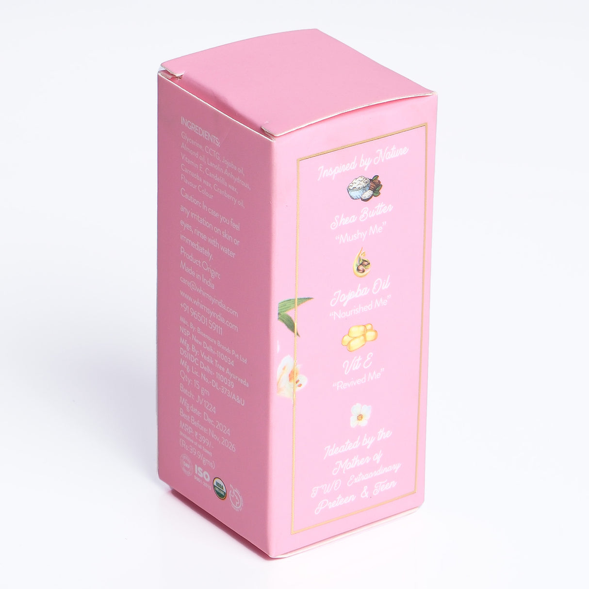 Pink box with floral design and text on a white background
