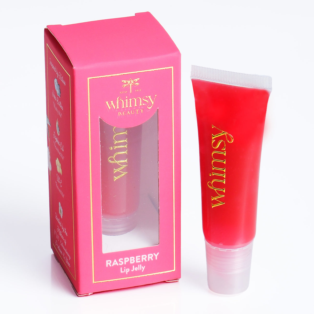 Pink lip jelly with packaging labeled 'whimsy' on a white background
