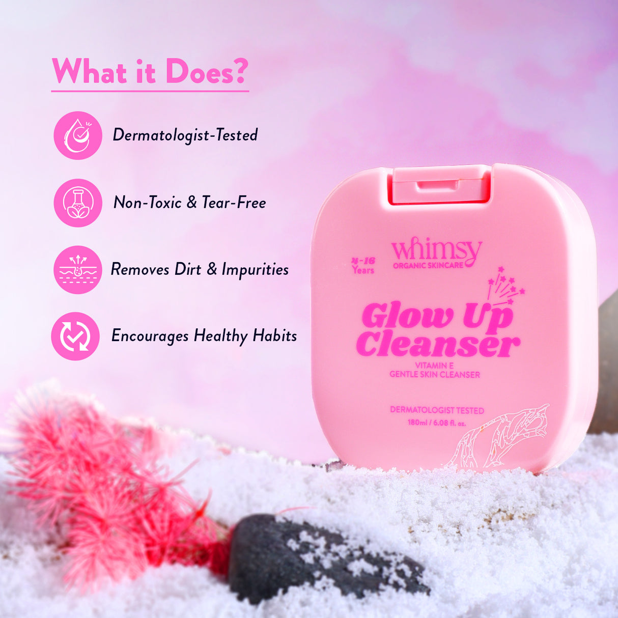 Pink 'whimsy' Glow Up Cleanser with product features on a pink and white background