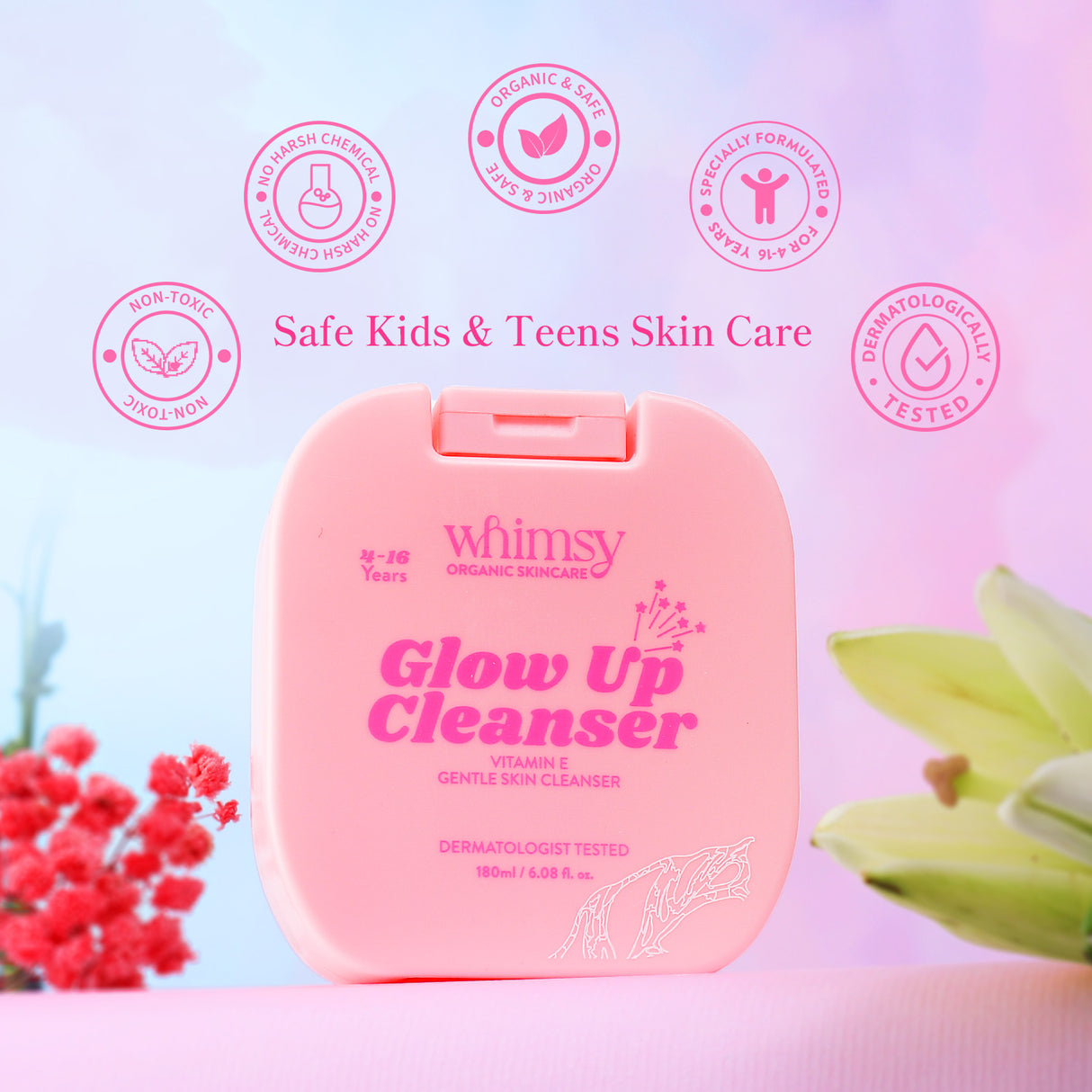 Pink 'Whimsy' Glow Up Cleanser bottle with branding and product information on a light pink background.