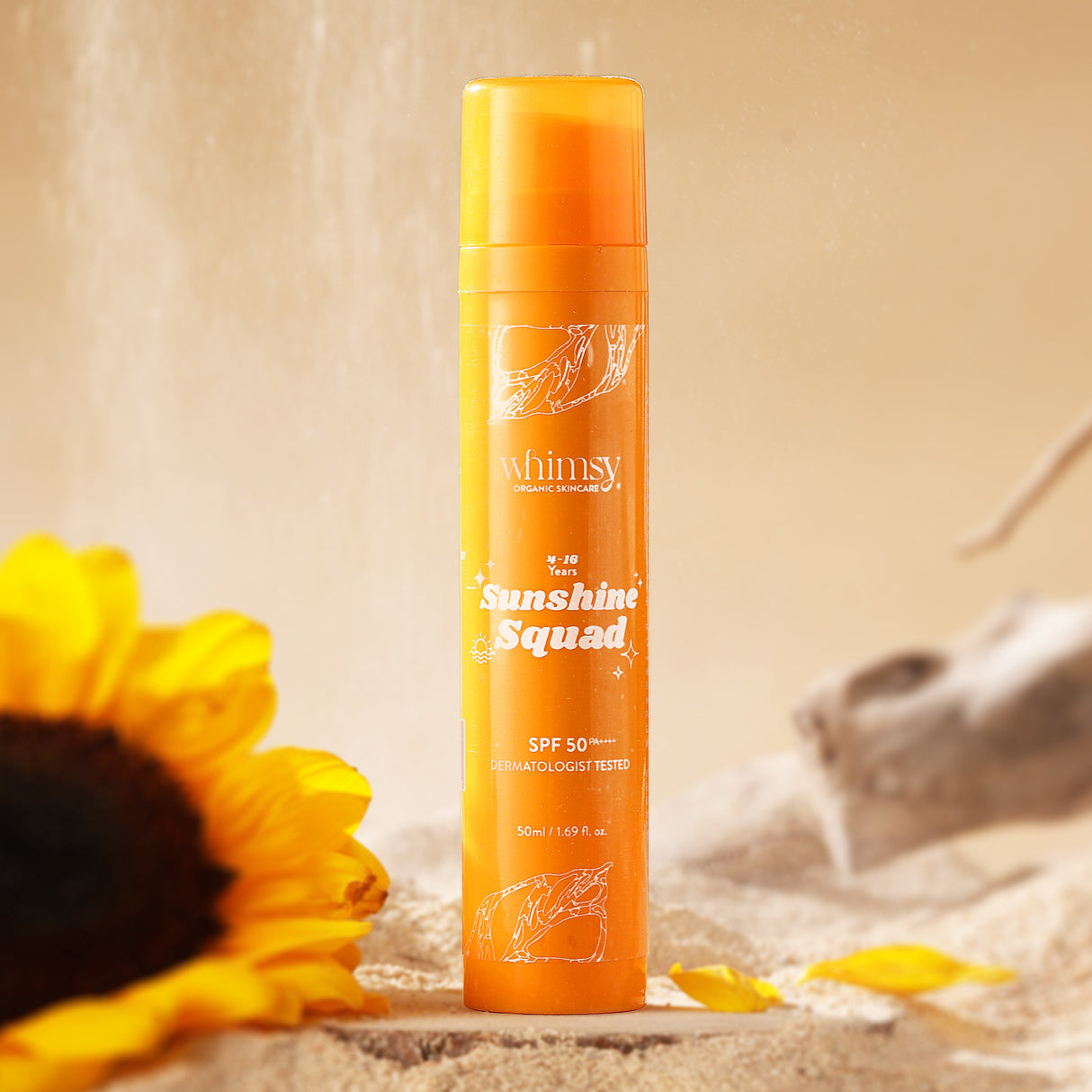 Orange sunscreen bottle labeled 'Sunshine Squad' with a sunflower in the background