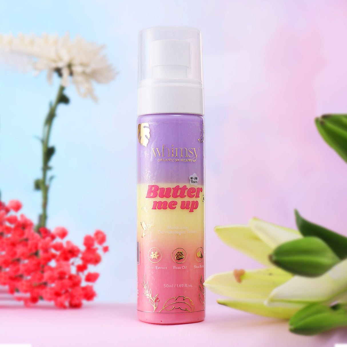 Gradient bottle labeled 'Butter me up' with floral elements on a pastel background