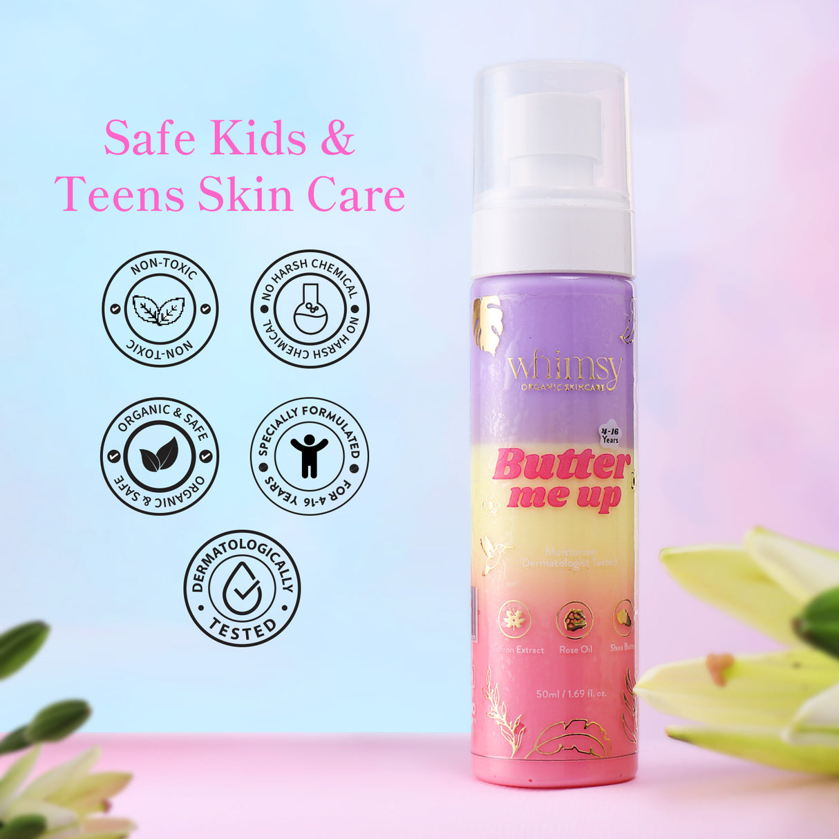 Skincare product labeled 'Butter me up' with safety certification icons on a gradient background